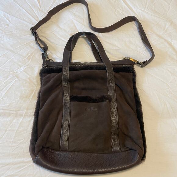 Hogan Shearling Leather-Trimmed Crossbody Bag Dark Brown - Picture 1 of 10